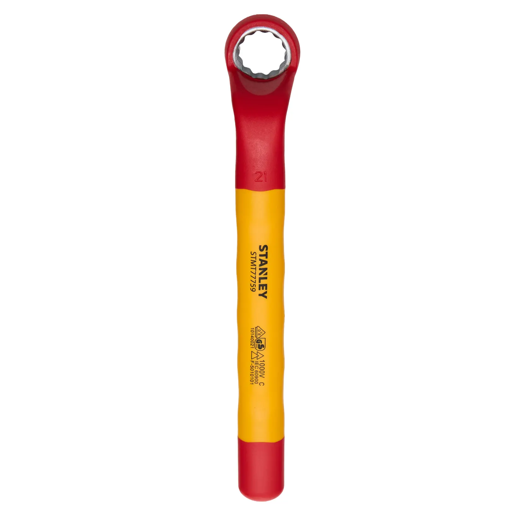 Chave estrela isolada STANLEY STMT77759-LA, vermelha e amarela, vista frontal em fundo branco.