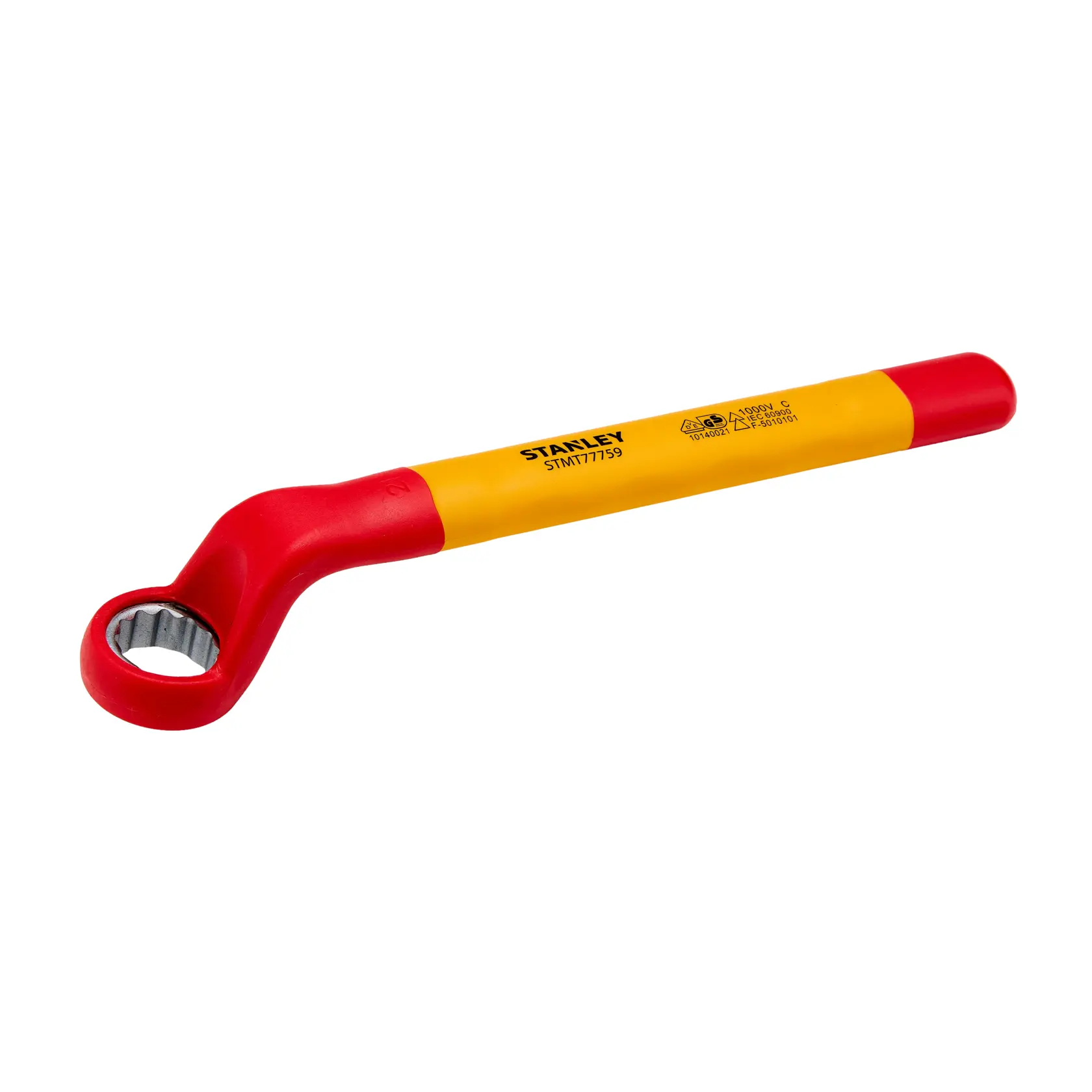 Chave estrela isolada STANLEY STMT77759, amarela e vermelha, ângulo do produto em fundo branco.