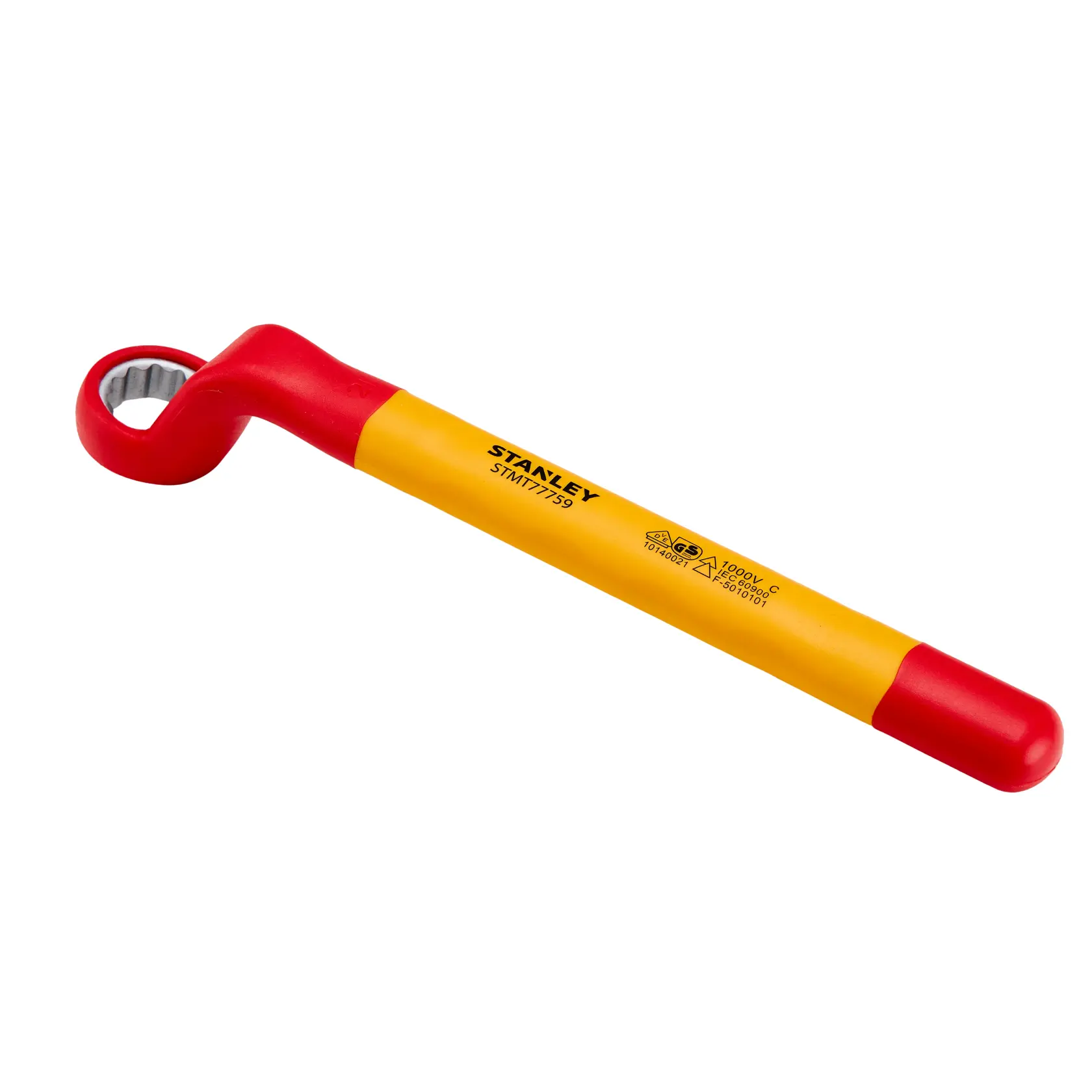 Chave estrela isolada STANLEY STMT77759-LA com cabo vermelho e amarelo, ângulo do produto sobre fundo branco.