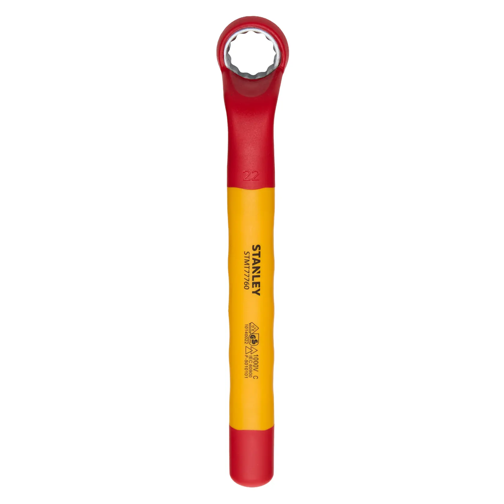 Chave estrela isolada STANLEY STMT77760-LA, cabo amarelo e vermelho, vista superior em fundo branco.