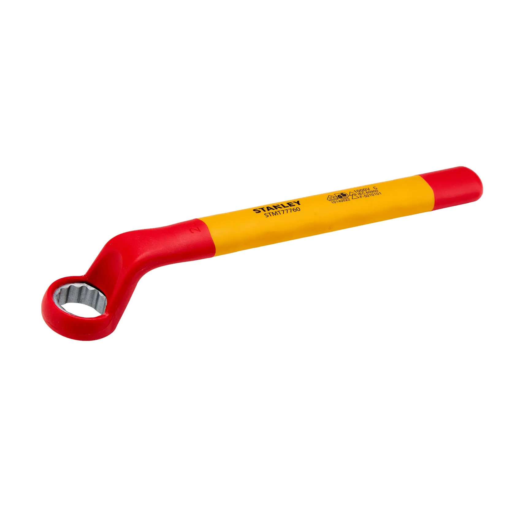 STANLEY STMT77760-LA chave de caixa isolada em vermelho e amarelo, vista angular sobre fundo branco.