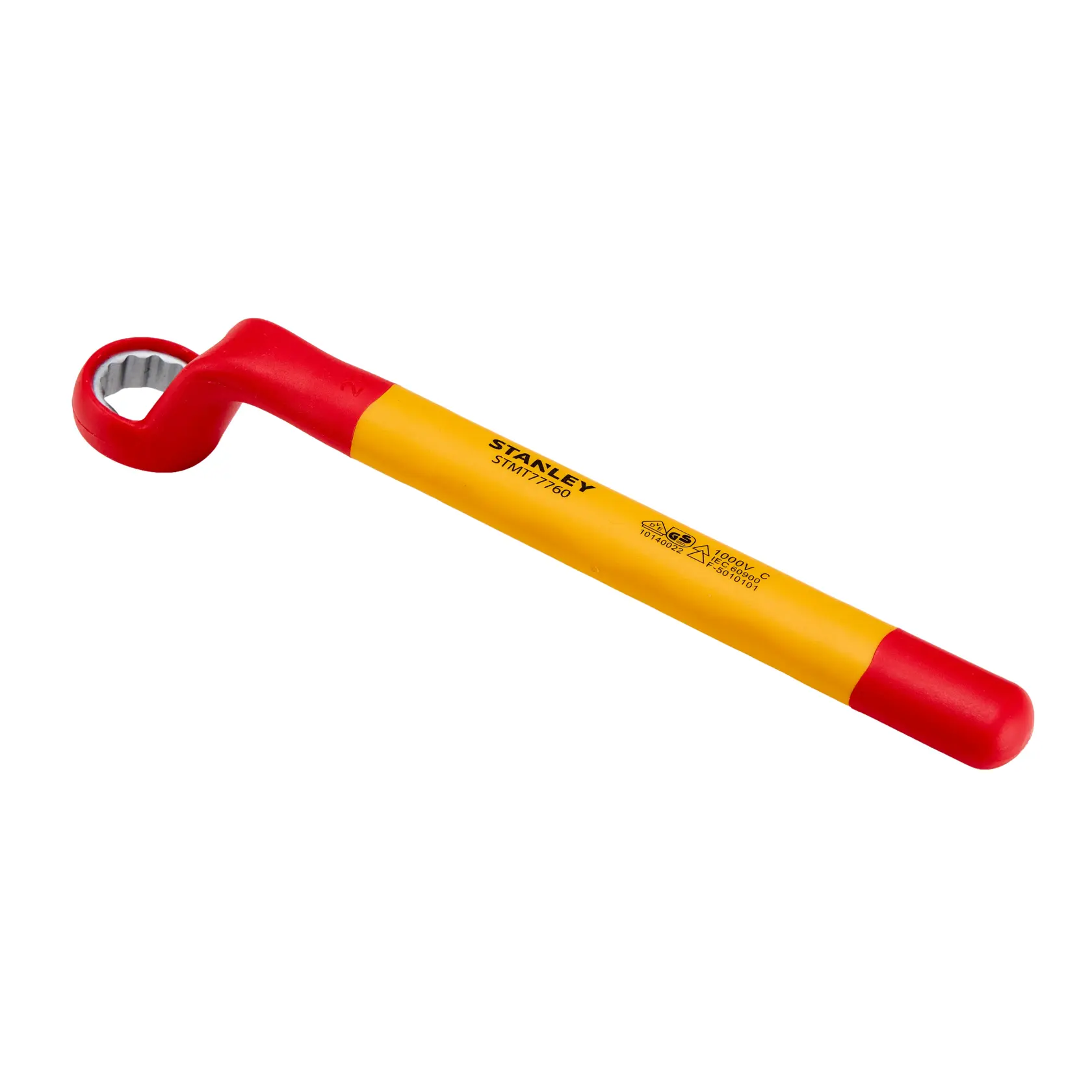 Chave estrela isolada STANLEY STMT77760-LA, amarela e vermelha, ângulo lateral em fundo branco.