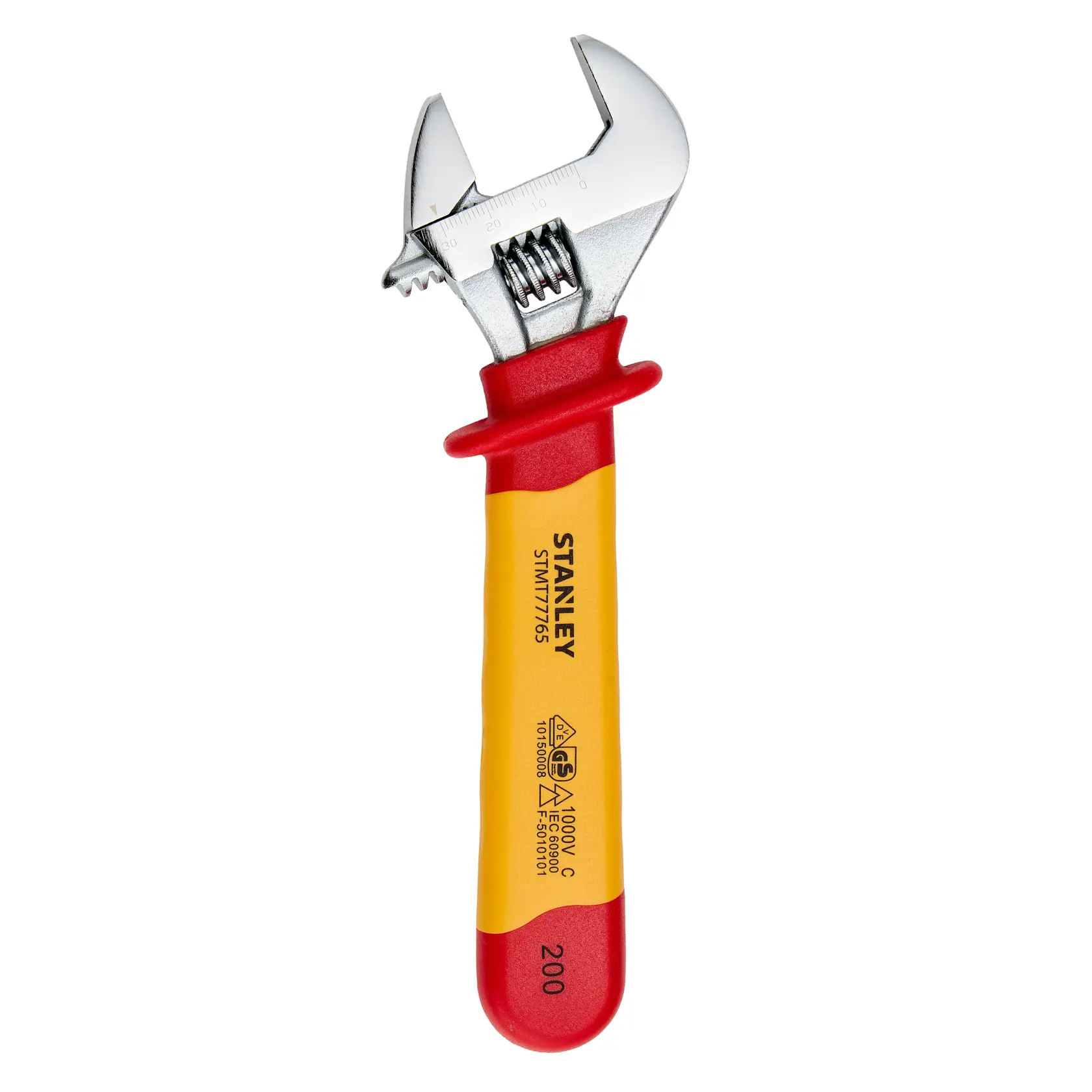 Chave ajustável isolada STANLEY STMT77765-LA, cabo vermelho e amarelo, foto do produto em fundo branco, vista frontal.