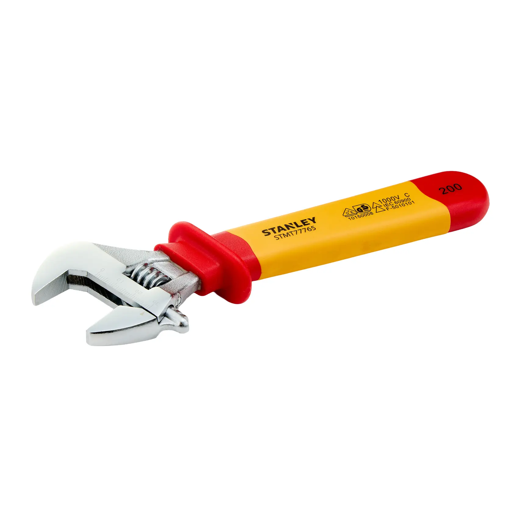 Chave ajustável isolada STANLEY STMT77765-LA com cabo amarelo e vermelho, vista em ângulo sobre fundo branco.