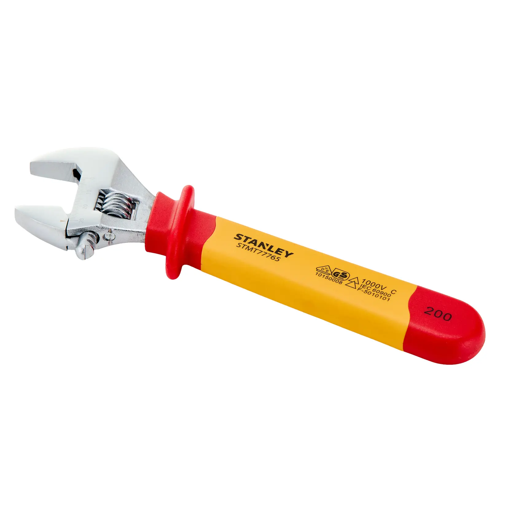 Chave ajustável STANLEY STMT77765-LA com cabo isolado vermelho e amarelo, vista lateral esquerda em fundo branco.