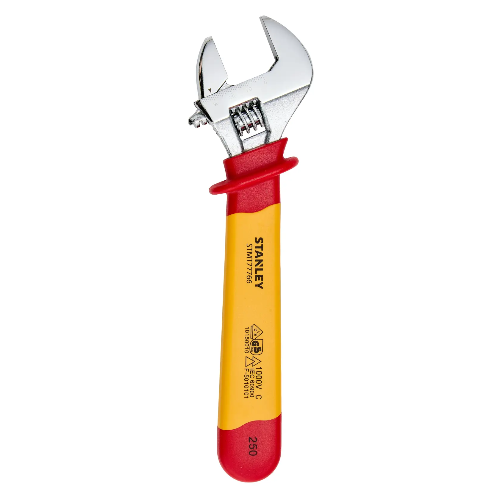 Foto de chave ajustável STANLEY STMT77766-LA com cabo isolado vermelho e amarelo, ângulo frontal em fundo branco.