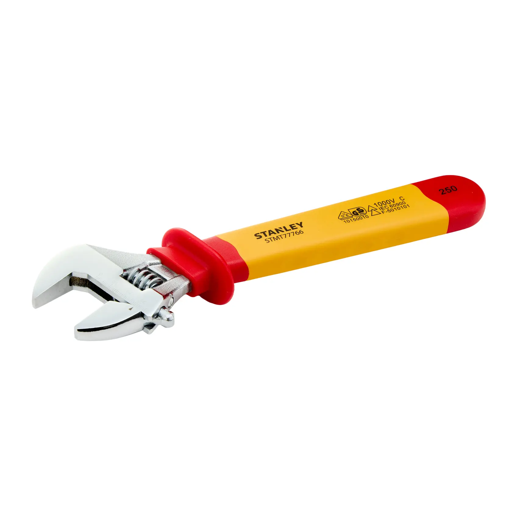 Chave ajustável STANLEY STMT77766-LA com cabo isolado amarelo e vermelho, ângulo lateral esquerdo em fundo branco.