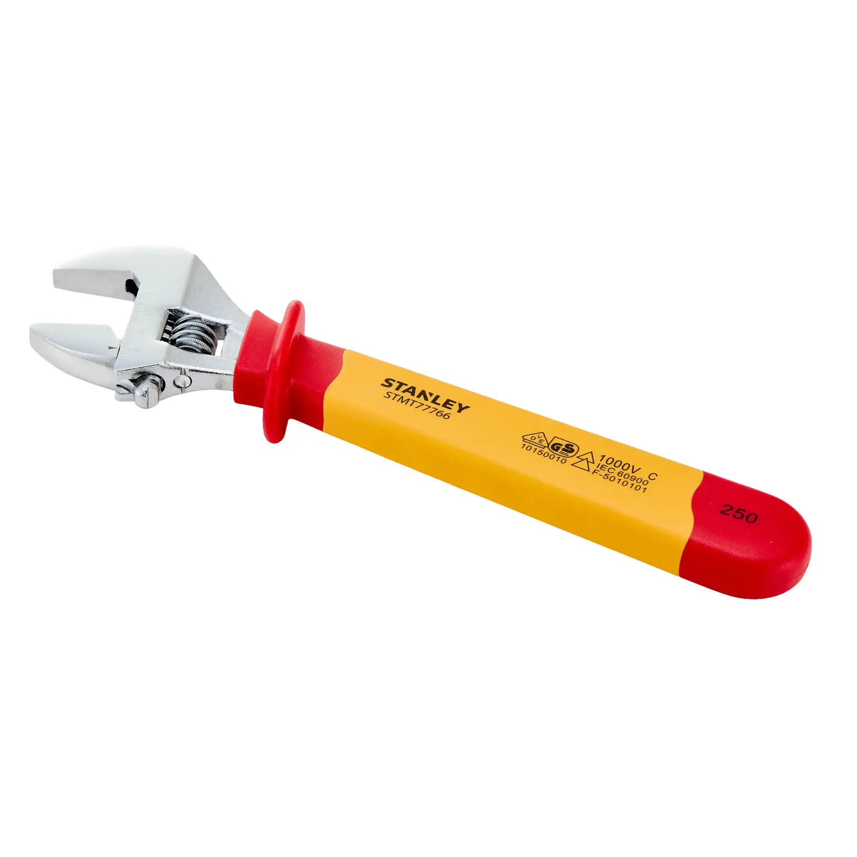 Foto de chave ajustável isolada STANLEY STMT77766-LA, cabo amarelo e vermelho, ângulo lateral em fundo branco.
