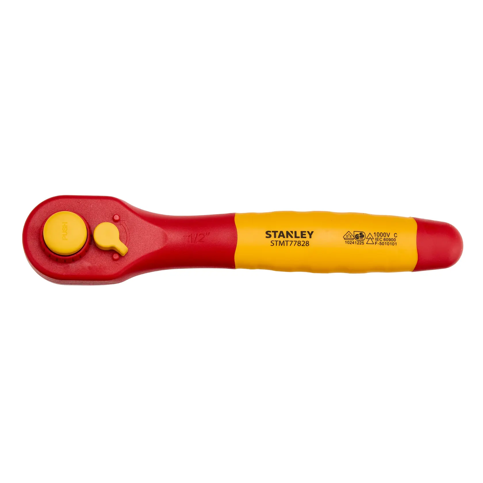 STANLEY STMT77828 catraca isolada em vermelho e amarelo, vista superior em fundo branco, cabo ergonômico.