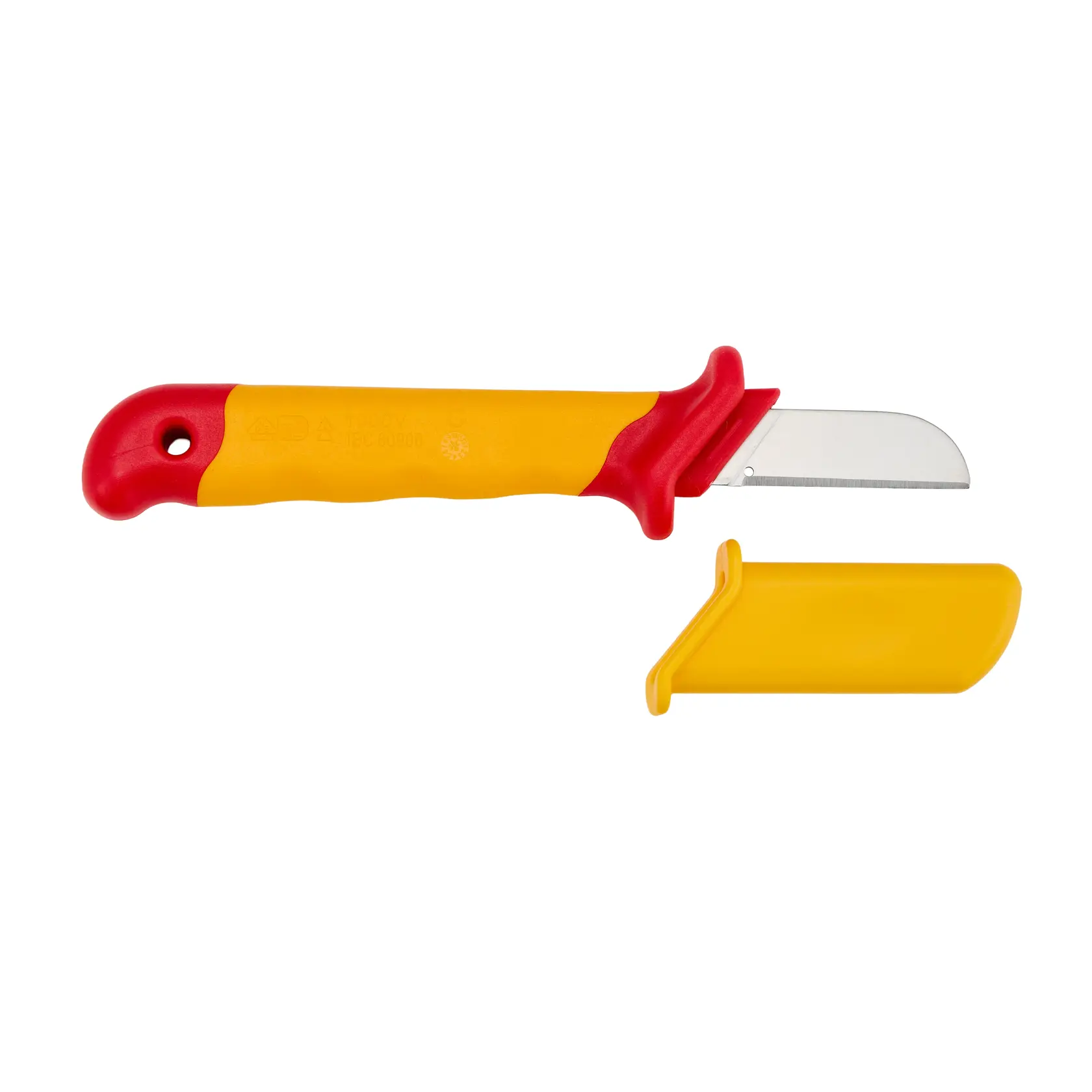 Cuchillo para cables aislado STANLEY STMT77867-LA con mango amarillo y rojo y funda amarilla, vista superior, fondo blanco.
