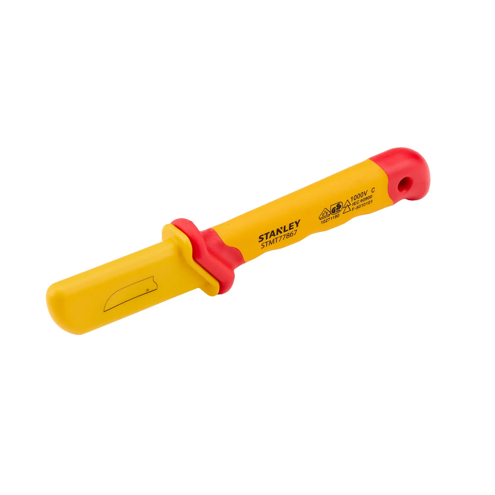 Cuchillo aislado STANLEY STMT77867 con mango amarillo y rojo, funda de hoja, ángulo lateral sobre fondo blanco.