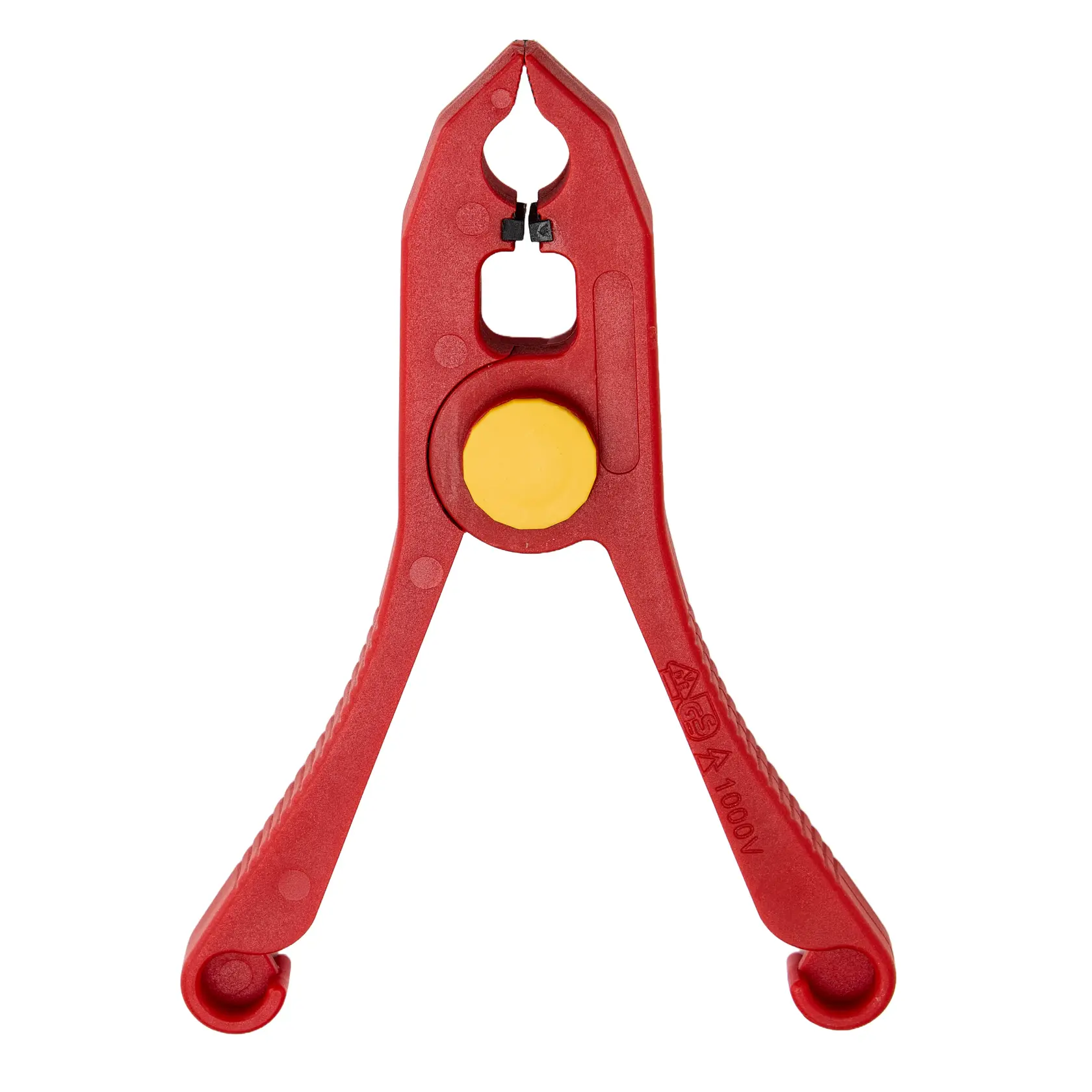 Pelacables STANLEY STMT77872-LA aislado en color rojo con perilla de ajuste amarilla, ángulo frontal sobre fondo blanco.