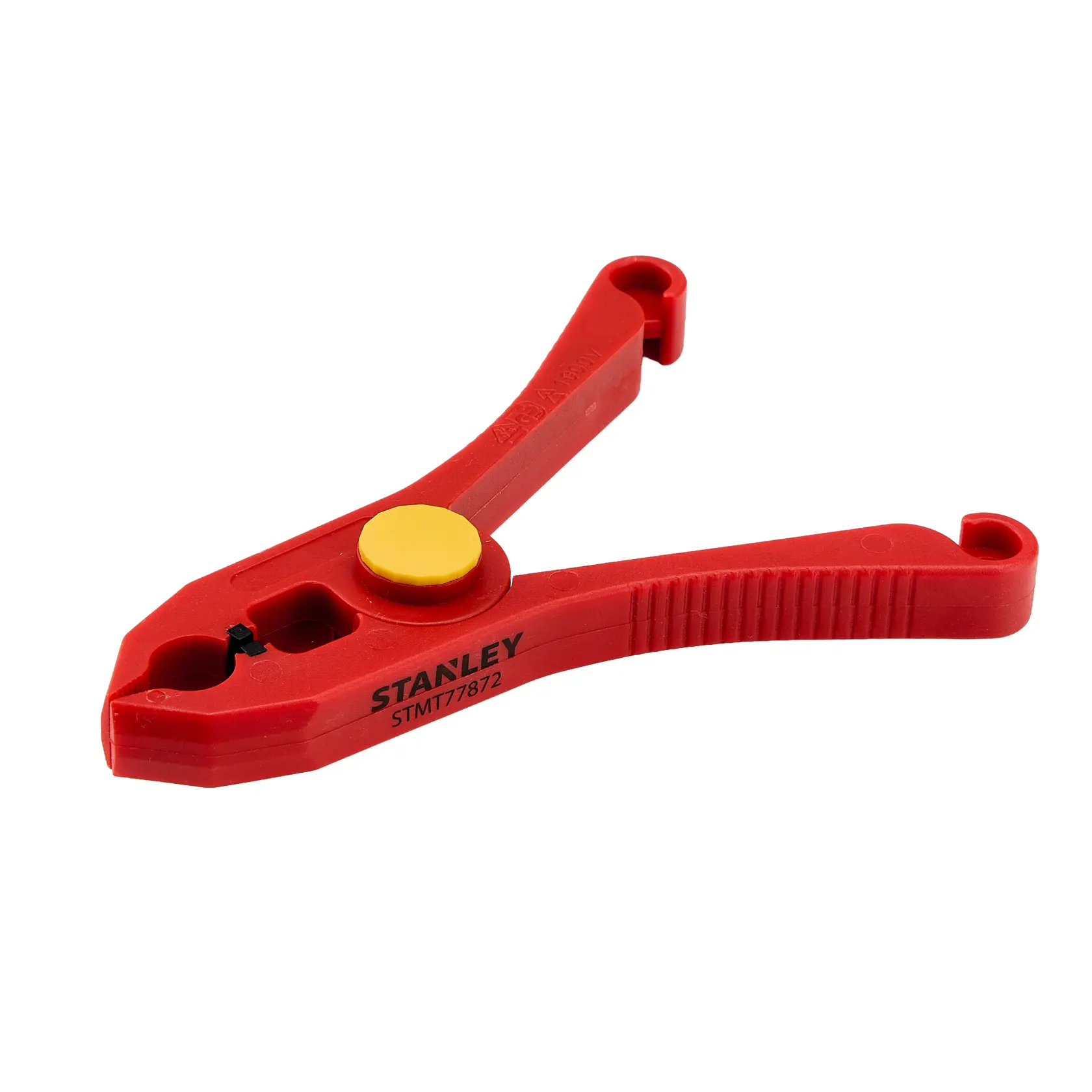 STANLEY STMT77872 pinza plástica roja con pivote amarillo, herramienta manual, vista lateral sobre fondo blanco.