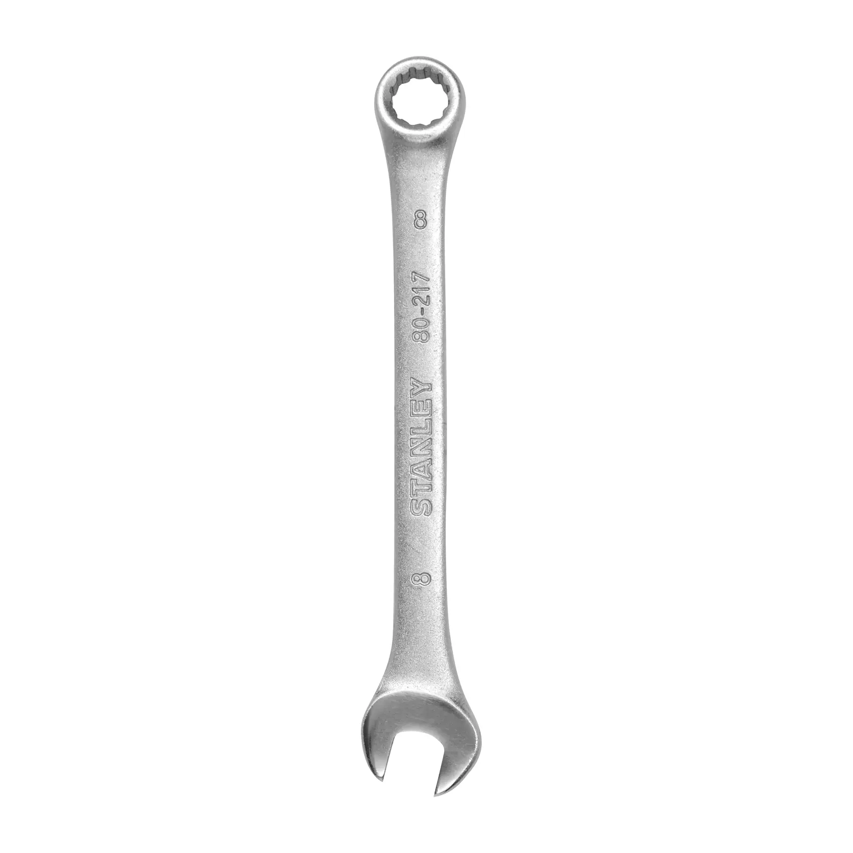 Stanley STMT80217-840 llave combinada plateada, vista angular, con extremos abierto y cerrado.