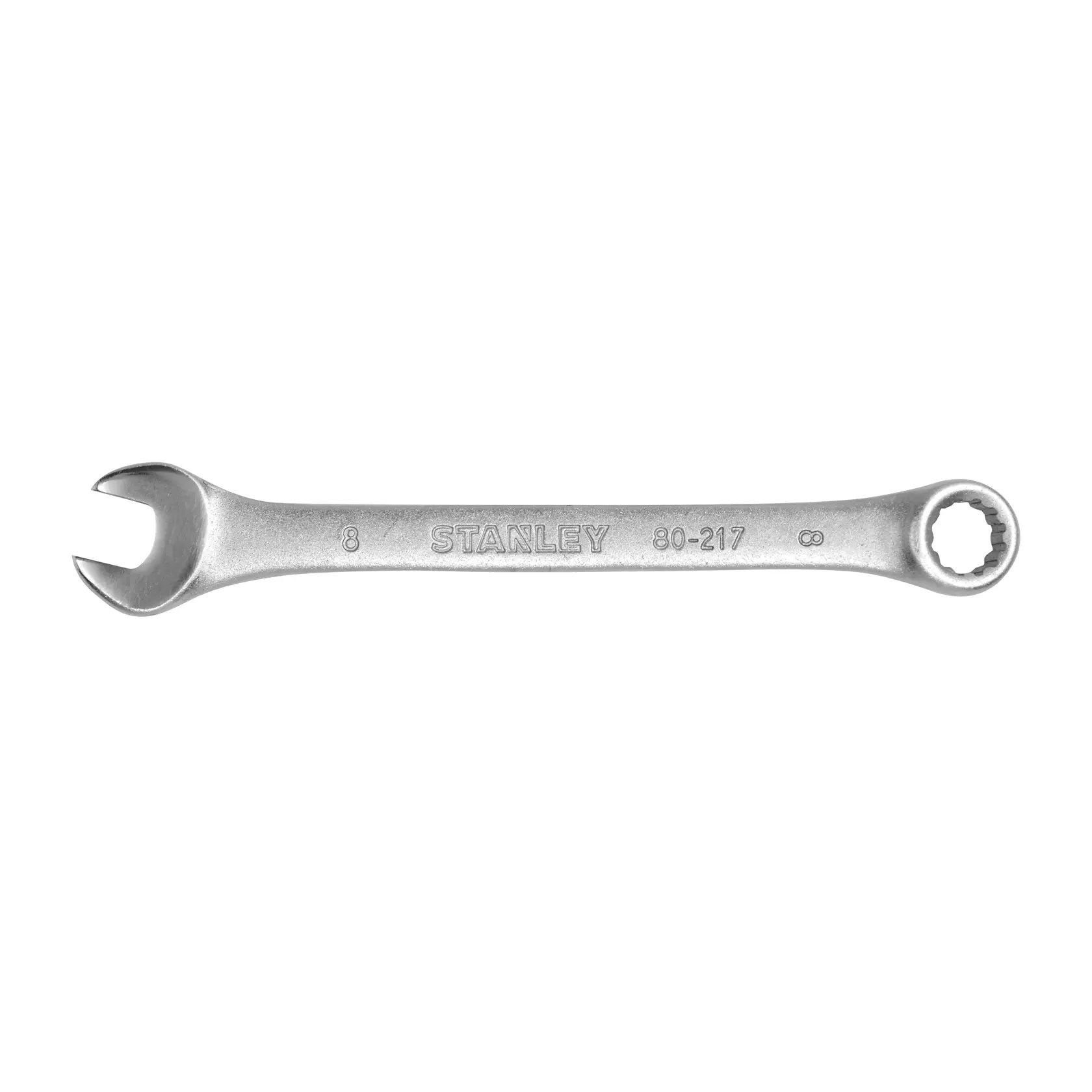 Stanley STMT80217-840 llave combinada plateada, vista angular, con extremos abierto y cerrado.