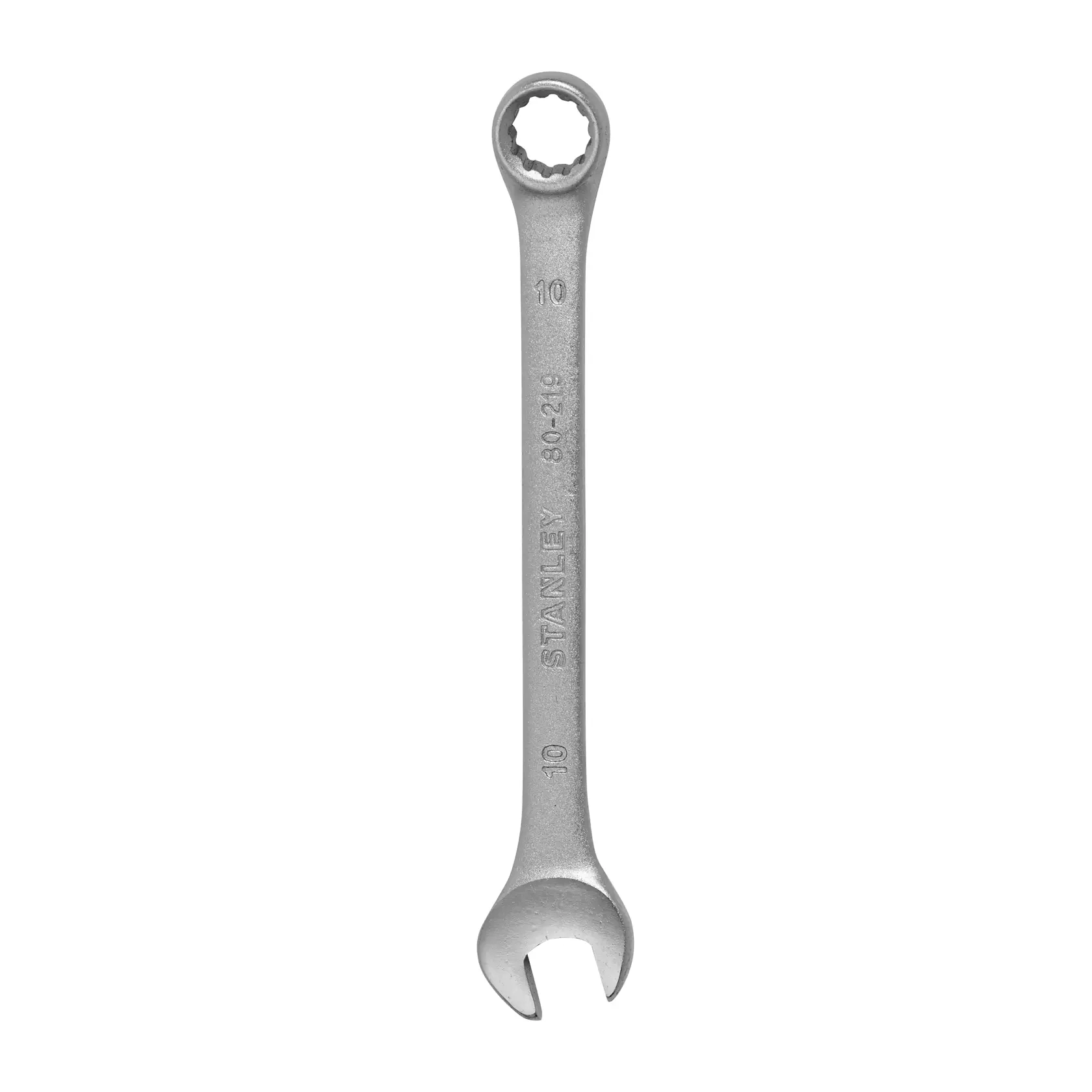 Stanley STMT80219-840 llave combinada plateada, ángulo frontal, herramienta manual de metal.