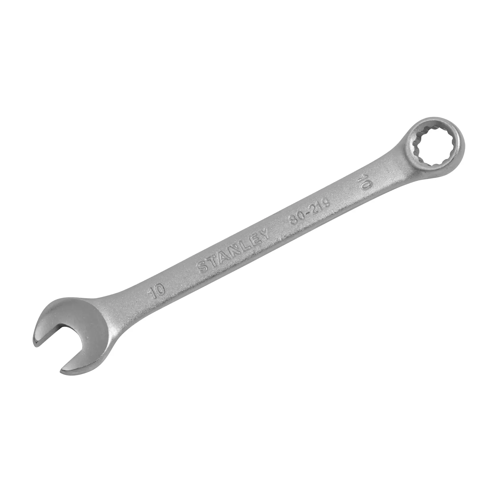 Stanley STMT80219-840 llave combinada plateada, ángulo frontal, herramienta manual de metal.
