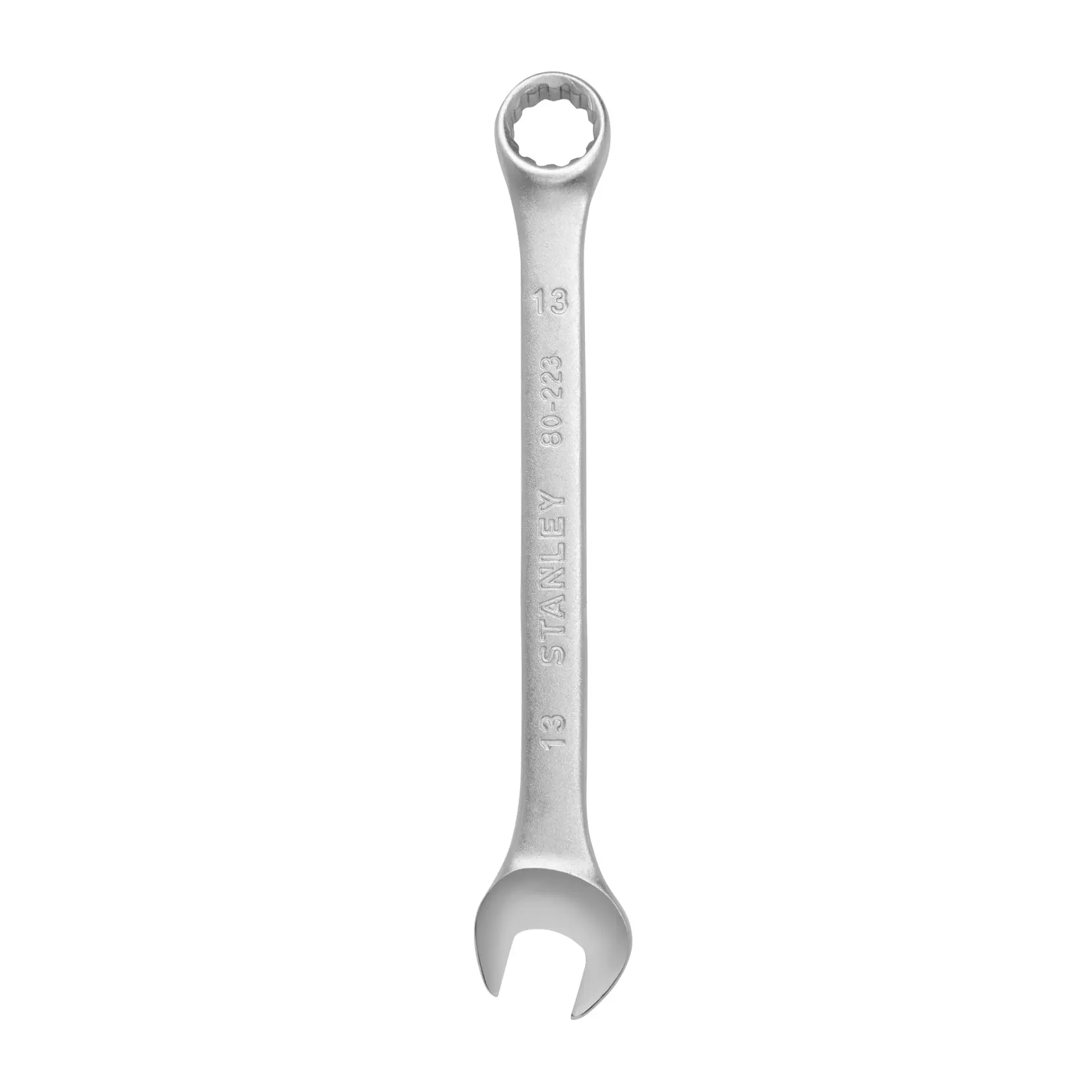 Llave combinada STANLEY STMT80223-840, herramienta de mano plateada, vista superior en ángulo sobre fondo blanco.