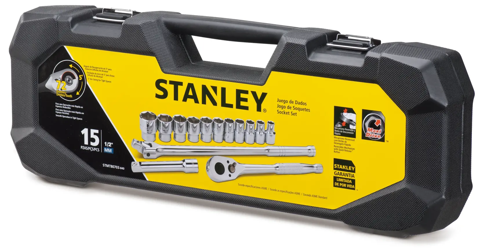 Fotografía del juego de dados STANLEY STMT80703-840 de 15 piezas en estuche rígido negro, vista frontal con etiqueta amarilla.