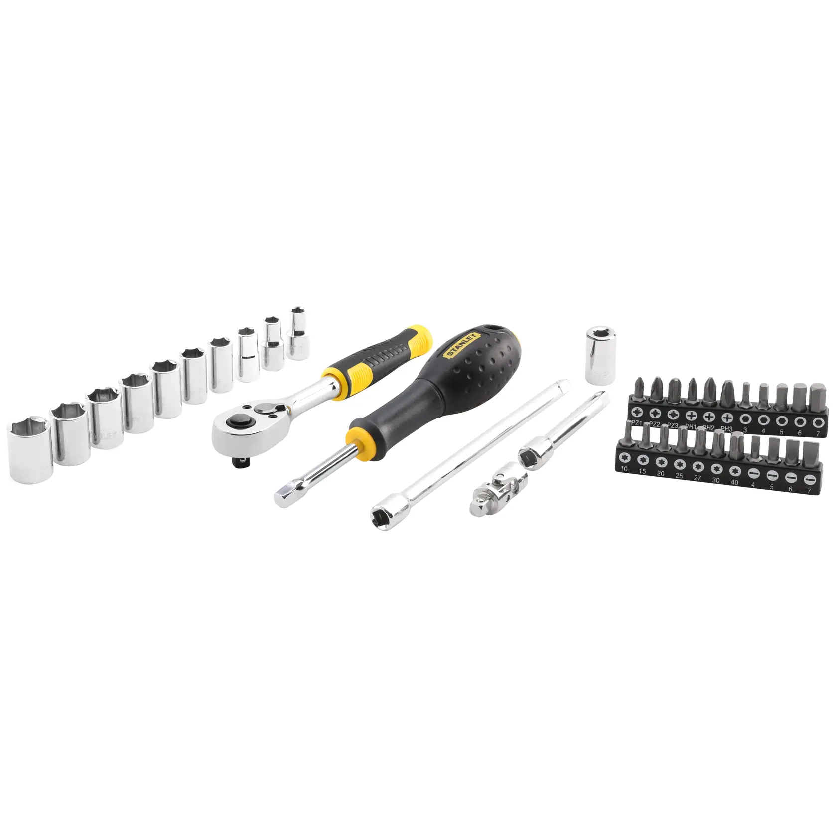 STANLEY STMT82828-LA jogo de soquetes e bits com catraca, chave de fenda, barras de extensão e soquetes variados em fundo branco.