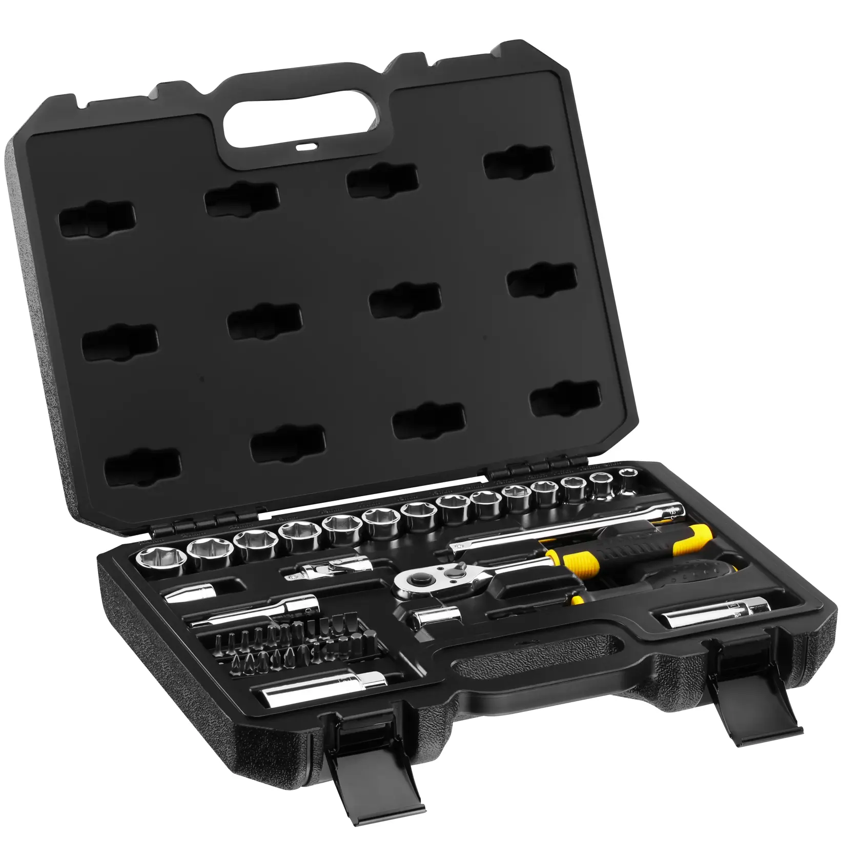 STANLEY STMT82829-LA conjunto de soquetes e catraca em estojo rígido preto, aberto, mostrando ferramentas e bits, ângulo frontal.
