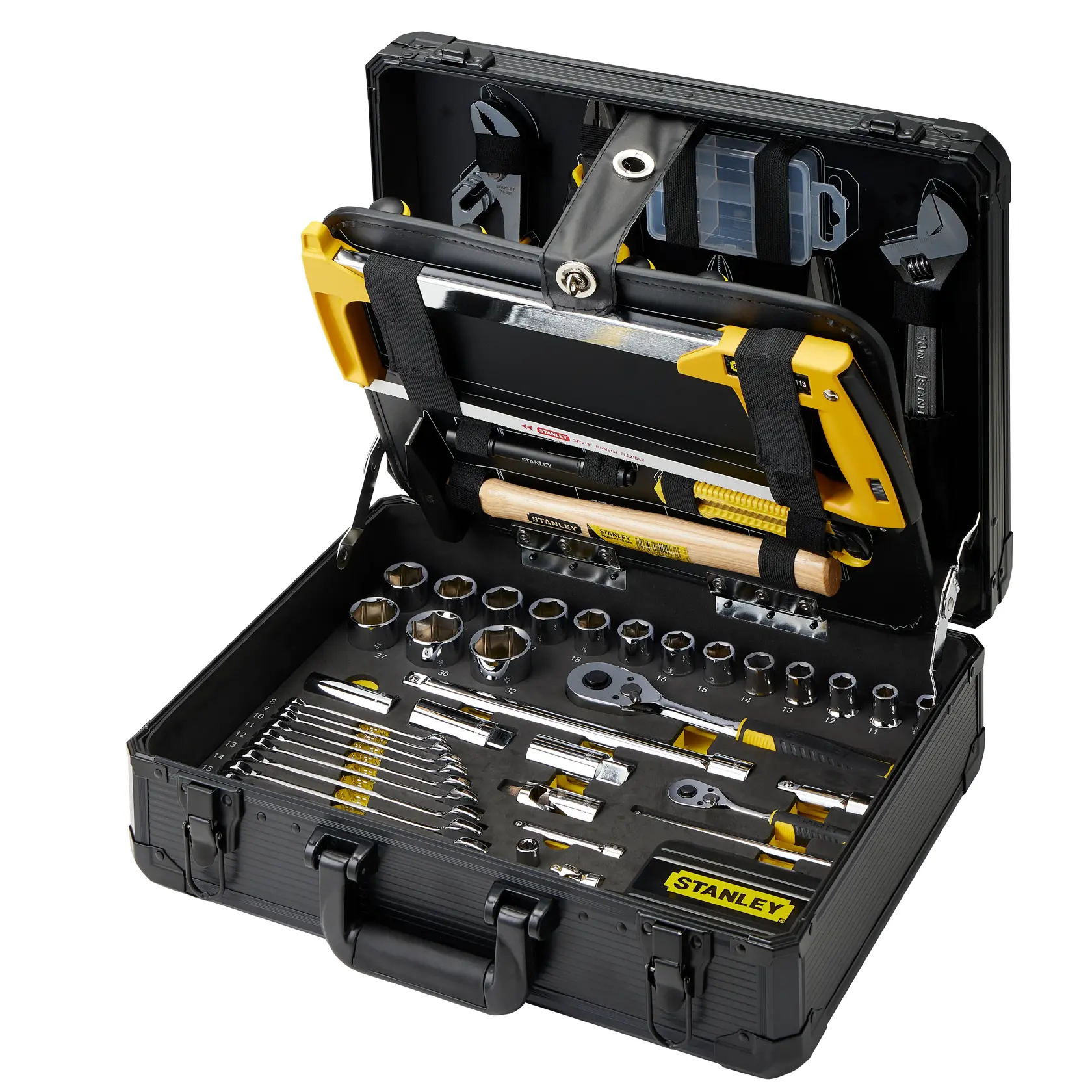 STANLEY STMT98109-LA kit de ferramentas em maleta rígida preta, aberto mostrando ferramentas manuais, soquetes e acessórios, vista em ângulo.