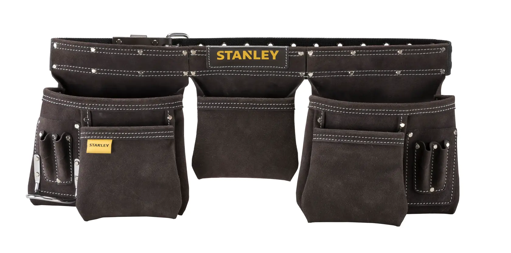 Cinto de ferramentas STANLEY STST1-80113 com vários bolsos de camurça e costura contrastante, vista frontal em fundo branco.