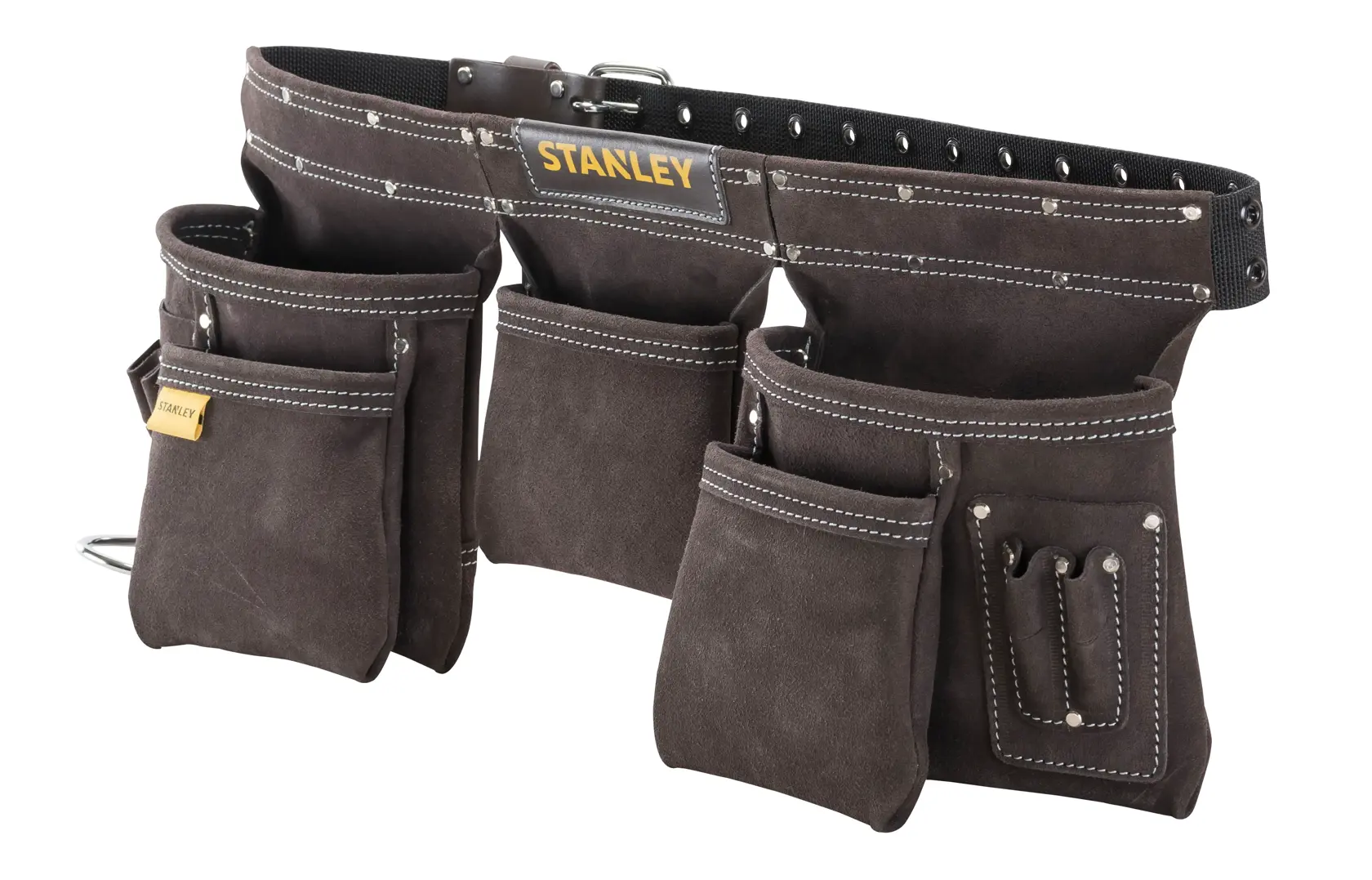 STANLEY STST1-80113 cinto de ferramentas com vários bolsos de camurça marrom e costura branca, em ângulo sobre fundo branco.