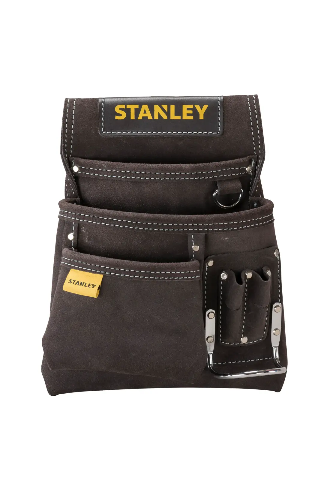 STANLEY STST1-80114 bolsa de ferramentas de couro, marrom escuro, vários bolsos, ângulo frontal, fotografia