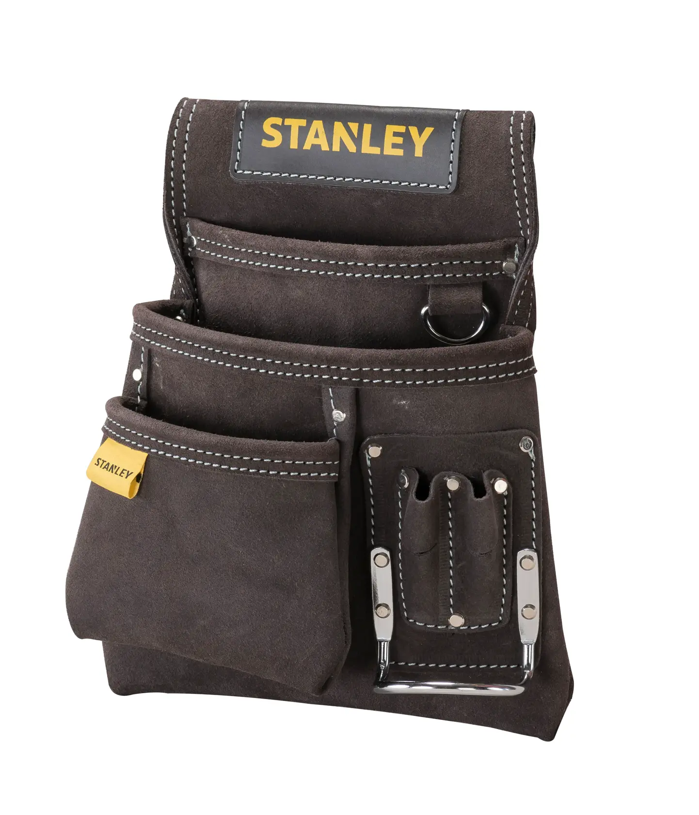 STANLEY STST1-80114 bolsa de ferramentas de camurça marrom com vários bolsos, costura branca e suporte de metal, vista frontal.