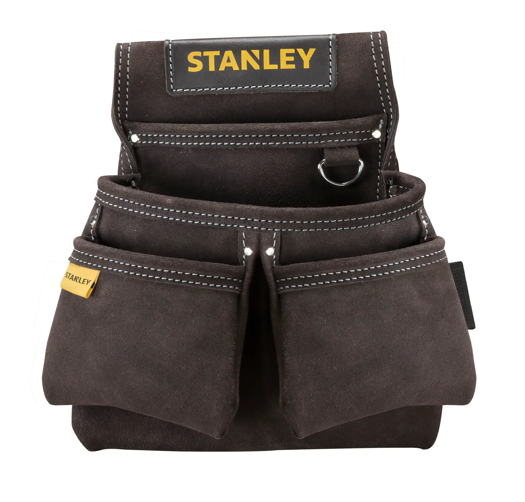 STANLEY STST1-80116 bolsa de ferramentas de camurça marrom, vista frontal, fundo branco.