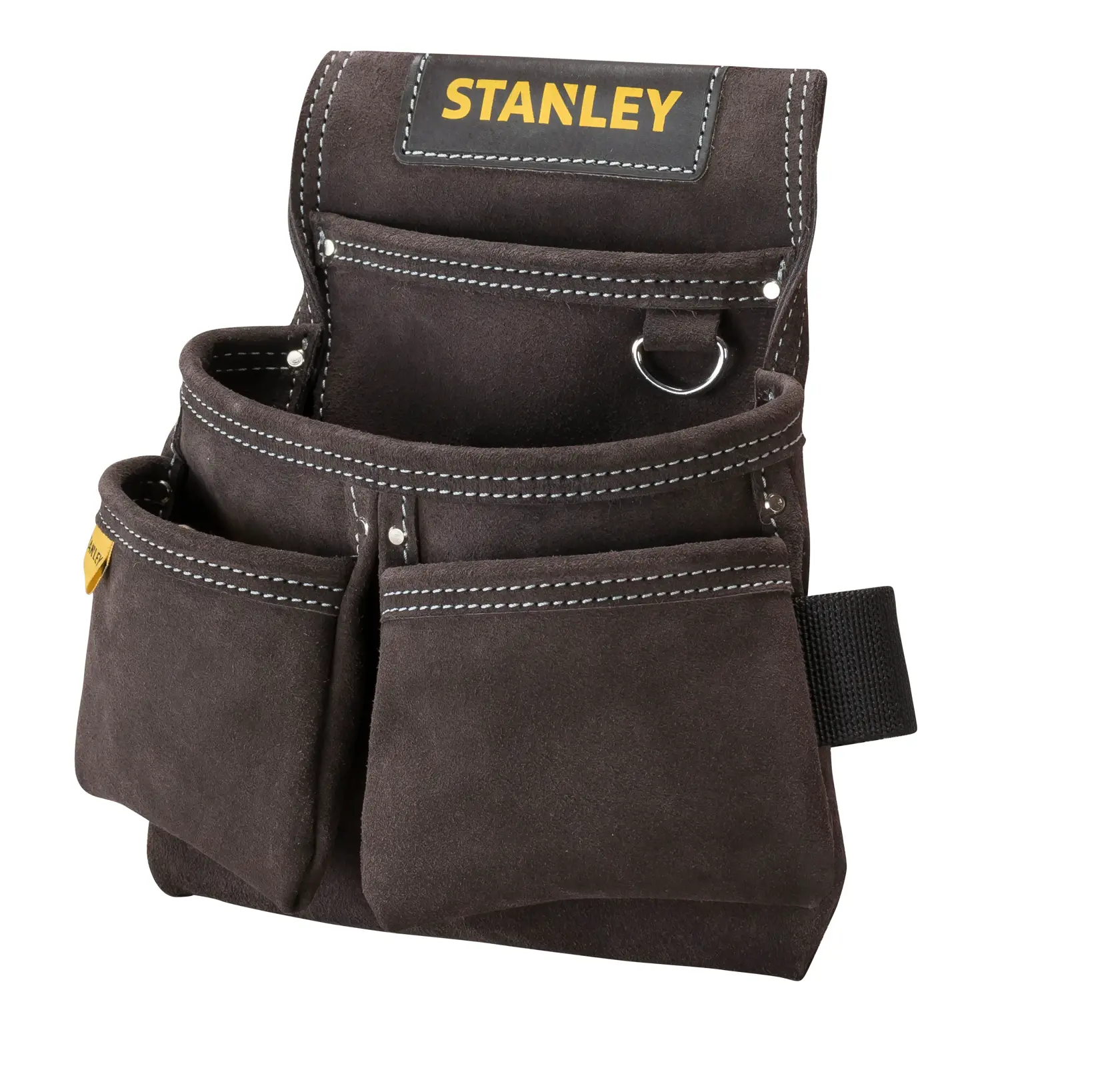 Fotografia de STANLEY STST1-80116 porta-ferramentas de camurça marrom com vários bolsos, fundo branco frontal.