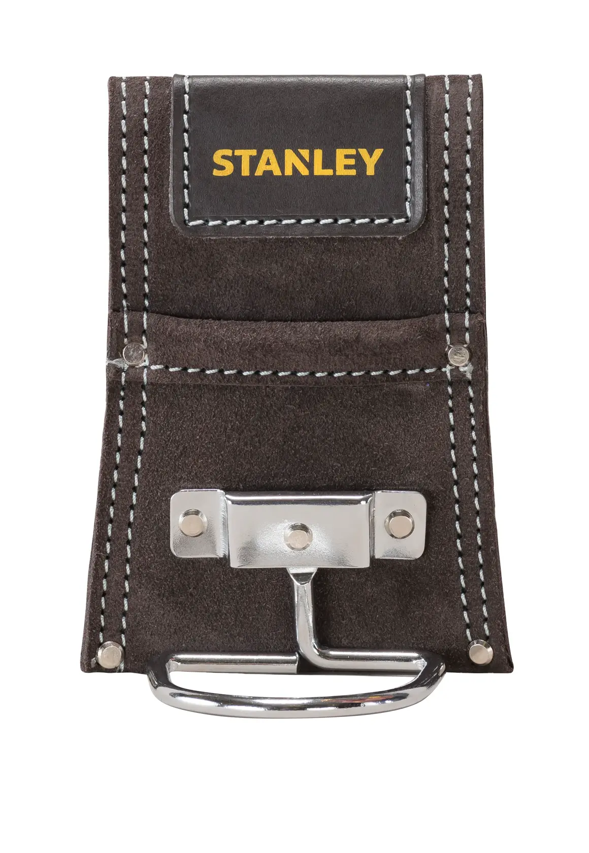 STANLEY STST1-80117 suporte para martelo em camurça com aro de metal, preto com costura branca, vista frontal.