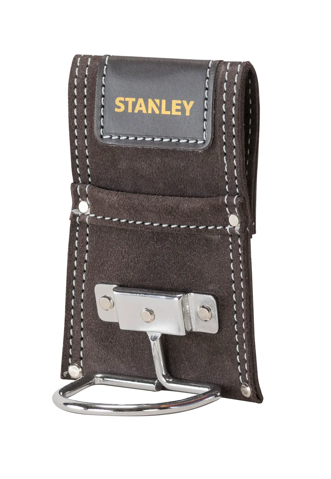 STANLEY STST1-80117 suporte de martelo em camurça com aro metálico, preto com costura branca, ângulo frontal.