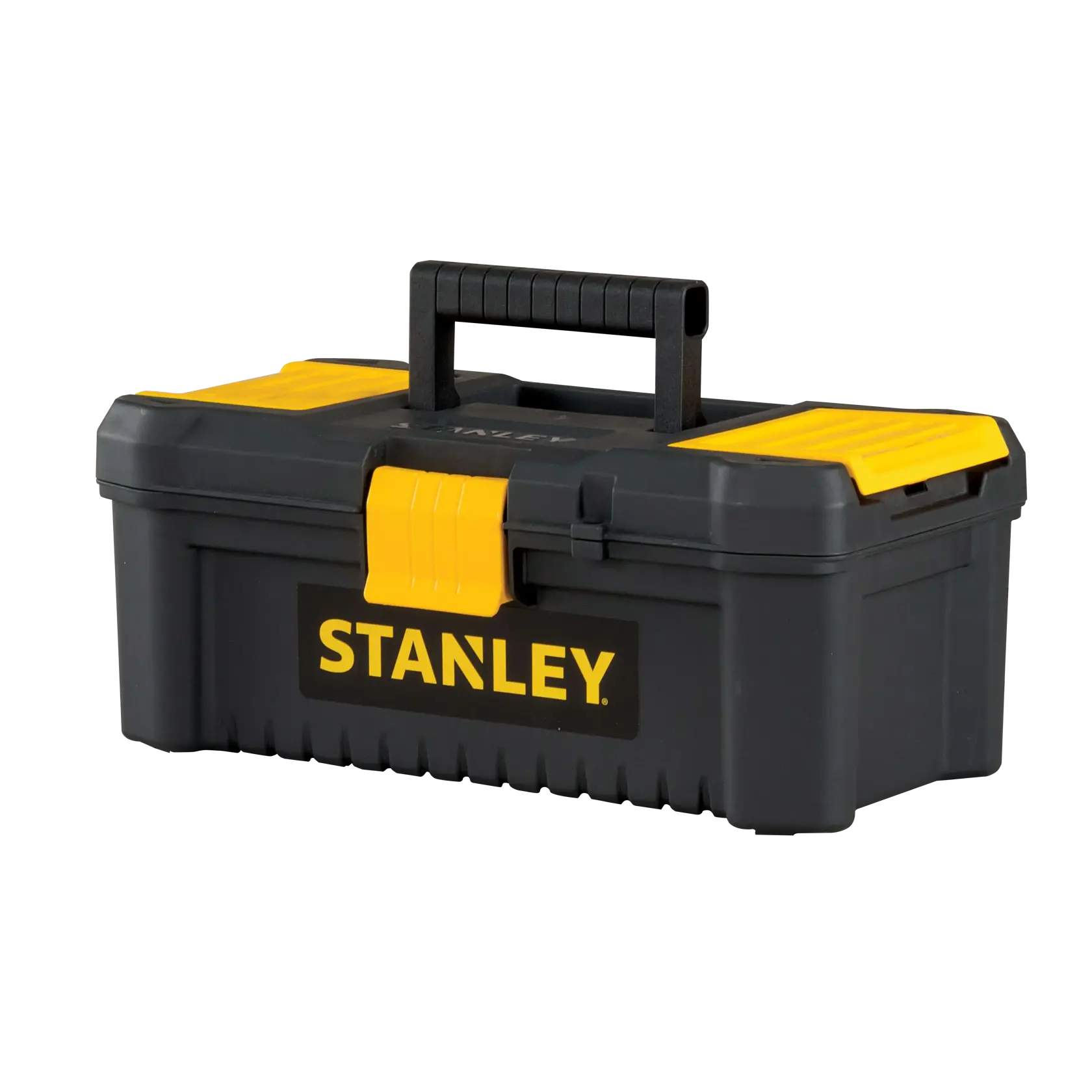 Caja de herramientas Stanley de plástico negro y amarillo, toma en ángulo, con asa y cierre seguro sobre fondo blanco