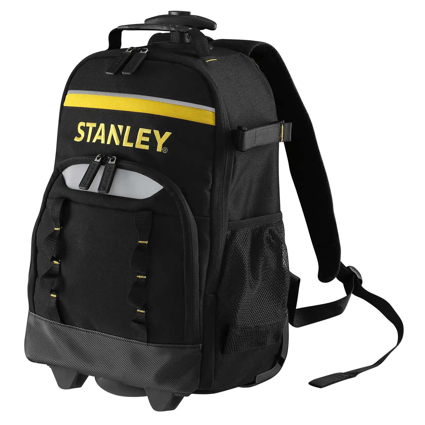 STANLEY STST83307-1 mochila preta com rodas e detalhes amarelos, vista frontal, armazenamento de ferramentas