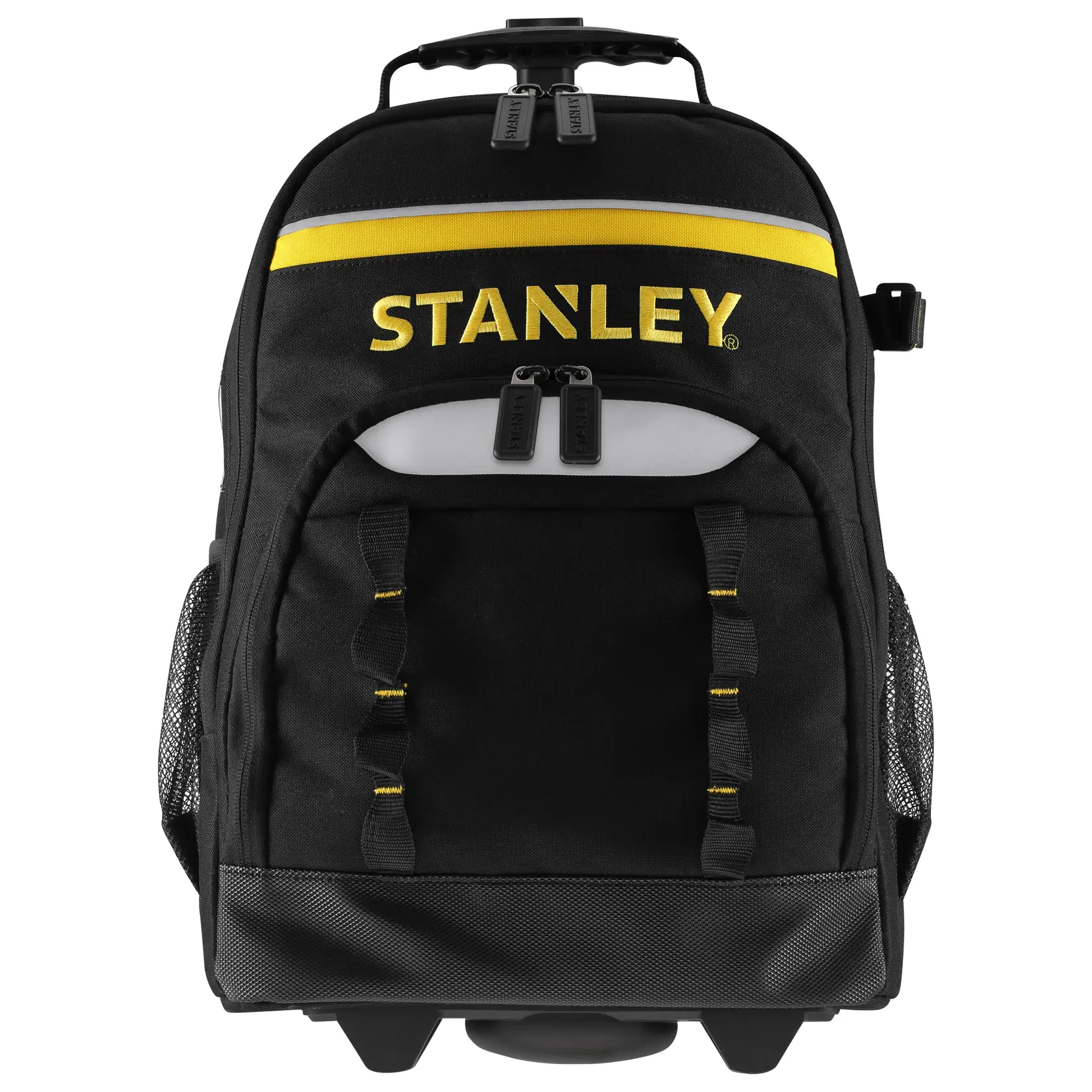 Fotografia da mochila preta com rodas STANLEY STST83307-1 com detalhes amarelos, vista frontal.