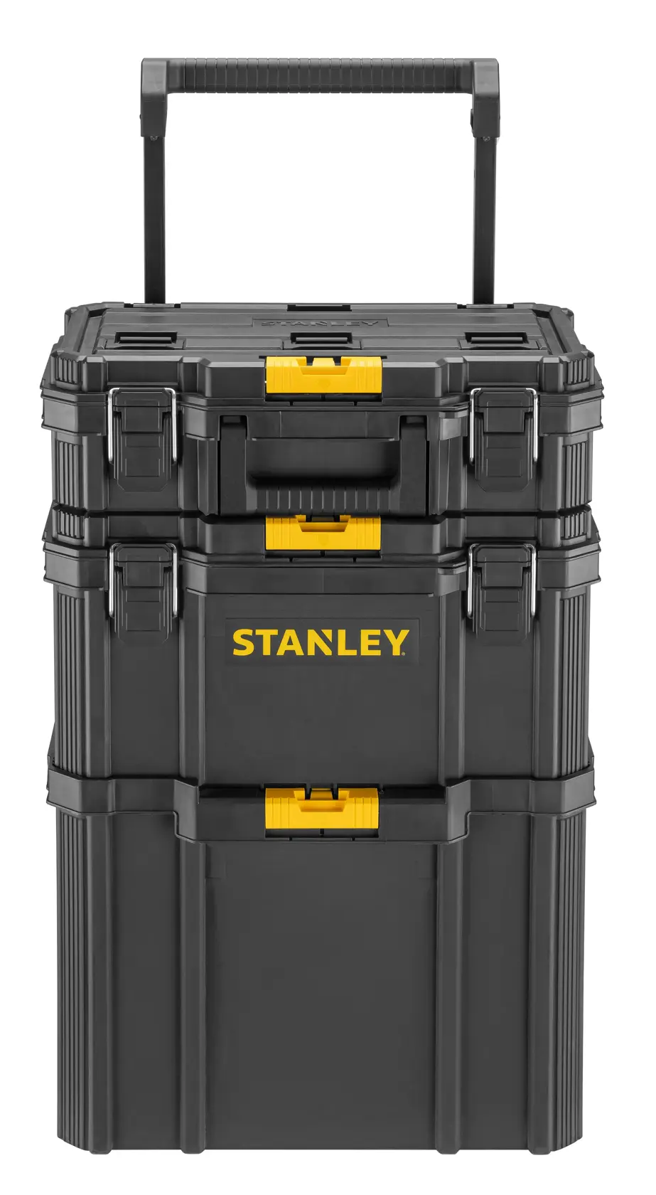 Foto do conjunto de caixas de ferramentas pretas STANLEY STST83319-1 com travas amarelas, três caixas empilháveis.