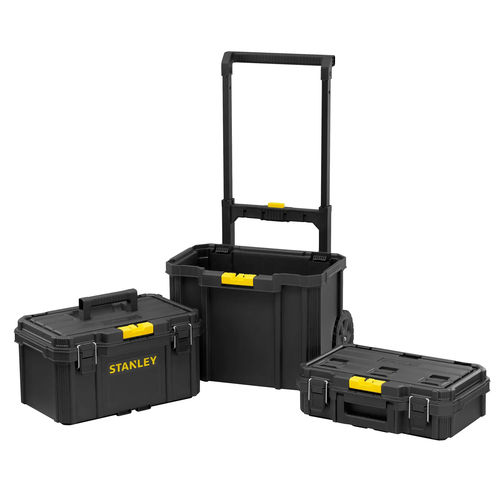 STANLEY STST83319-1 baú de ferramentas preto com rodas e travas amarelas empilhado em sala de reforma, pessoa acessando a caixa superior.