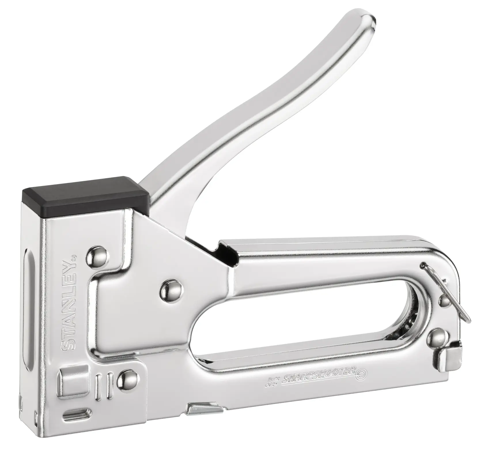 STANLEY TR45 grampeador, acabamento cromado, ângulo frontal, fotografia em fundo branco.